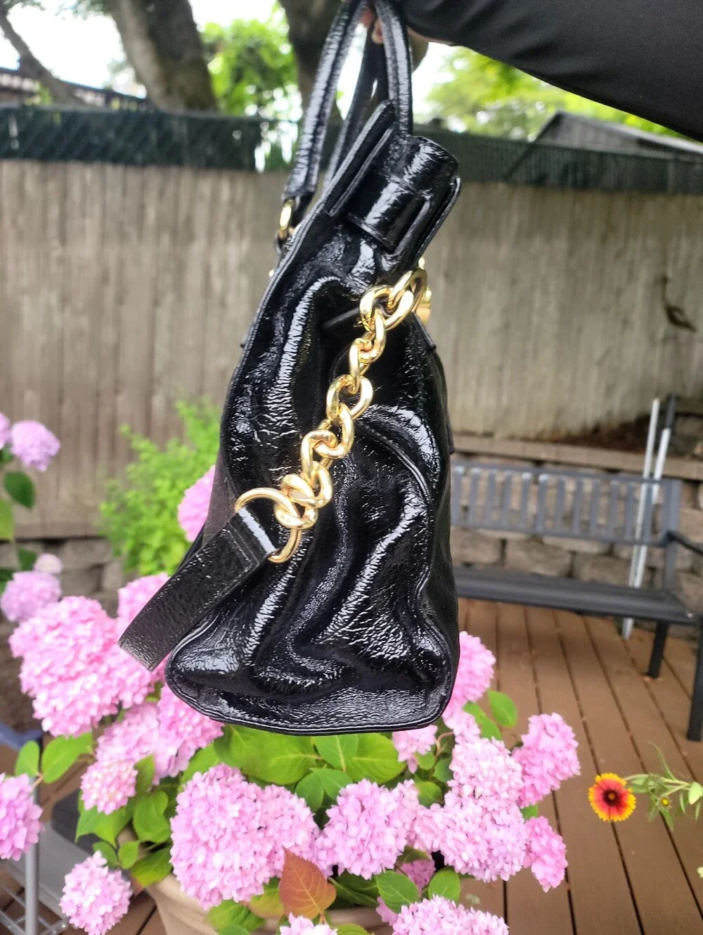 MK Black Patent Leather Tote Handbag with Gold Hardware